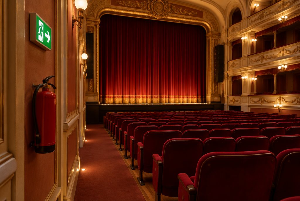 Zuschauerraum eines Theaters mit rotem Bühnenvorhang, Feuerlöscher und Notausgangsschild (KI-generiertes Bild)